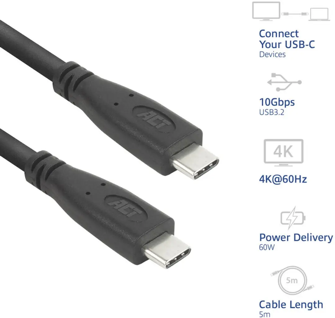 ACT AC7445 USB Type-C Kabel 10Gbps 60W - 5m - Zwart