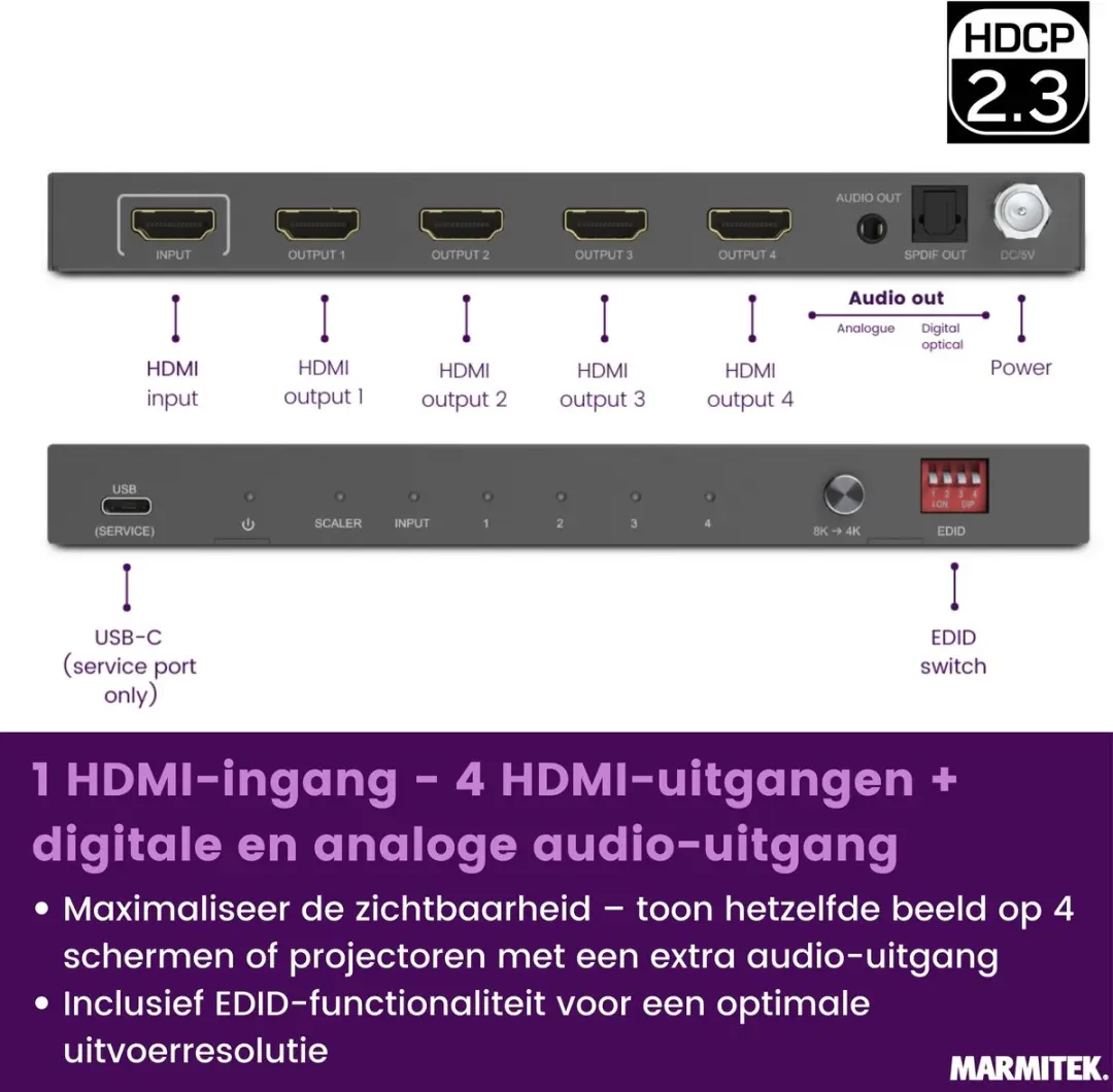 Marmitek Split 814 Pro HDMI Splitter 8K 60Hz - 1 in 4 uit Antraciet