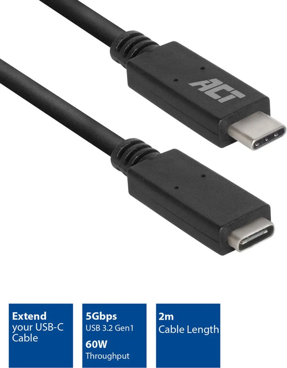 ACT USB-C Verlengkabel AC7412 2m - USB-C naar USB-C