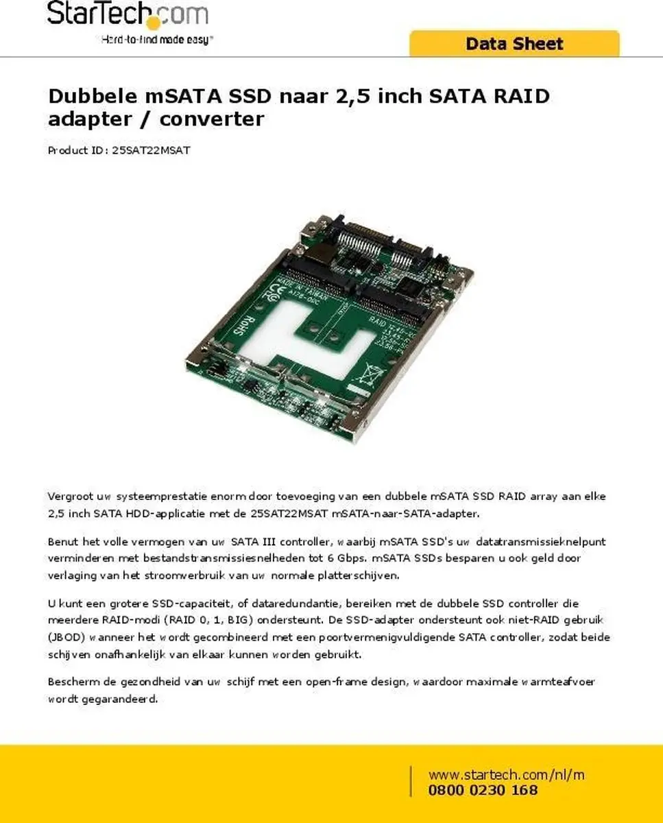 Startech 25SAT22MSAT mSATA naar 2,5 inch SATA RAID Adapter - Zwart