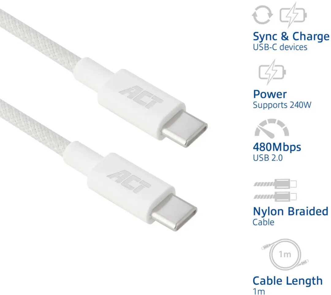 ACT AC3084 USB-C naar USB-C Kabel 240W - Wit - 1m