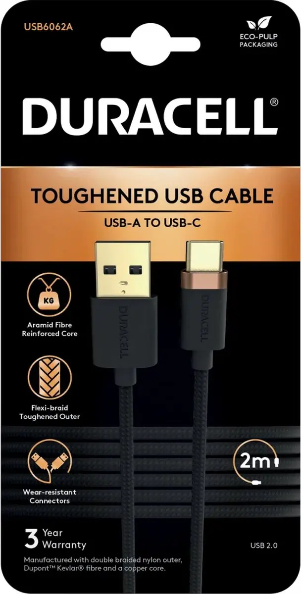 Duracell Toughened Kevlar USB-A naar USB-C Kabel 2m 3A - Zwart