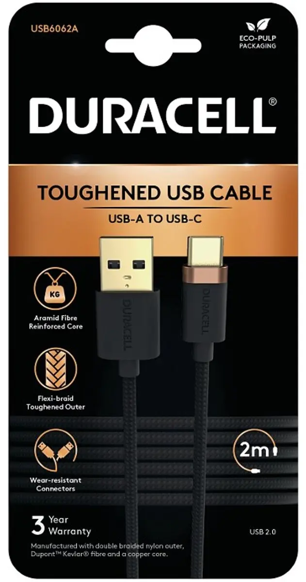 Duracell Toughened Kevlar MFi USB-A naar USB-C Kabel 2 Meter 3A Zwart Zwart