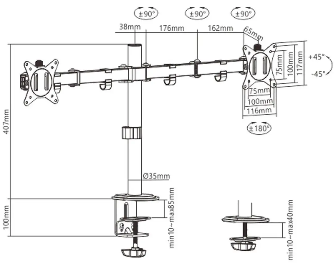 Gembird MA-D2-01 Monitorarm Dubbele Monitoren 17-32" - 9 kg per Monitor - Zwart