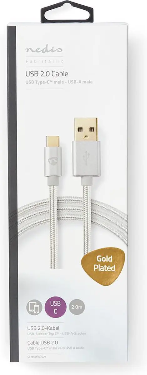 Nedis USB 2.0 USB-A naar USB-C Kabel 15W 480Mbps 2m - Verguld - Aluminium - afbeelding 6 van 6