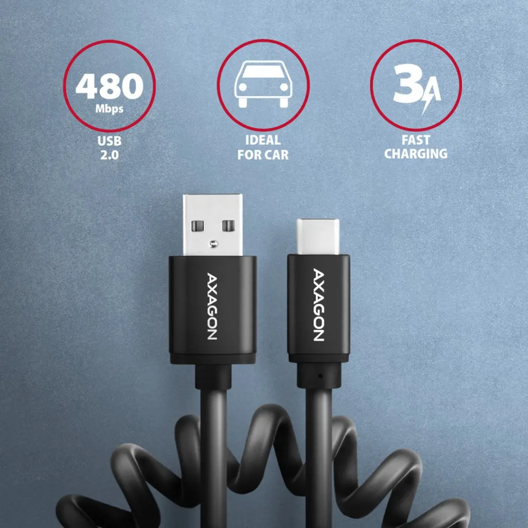 Axagon BUCM-AM10TB Twister USB-C naar USB-A Kabel 0,6m - 2.4A - Zwart