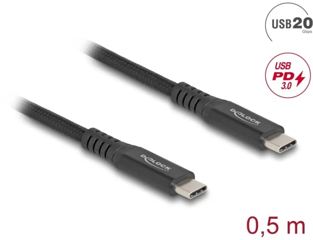 Delock USB-C Kabel 20 Gbps 100W PD 3.0 - 0,5m - Zwart