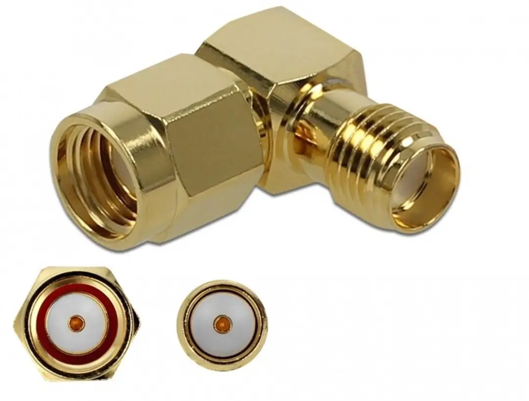 Delock RP-SMA naar SMA Haakse Adapter 50 Ohm 10 GHz - Goud