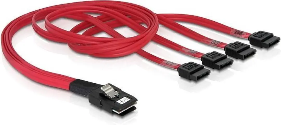 Delock Mini-SAS SFF-8087 naar 4x SATA Kabel - 0,5m - Rood
