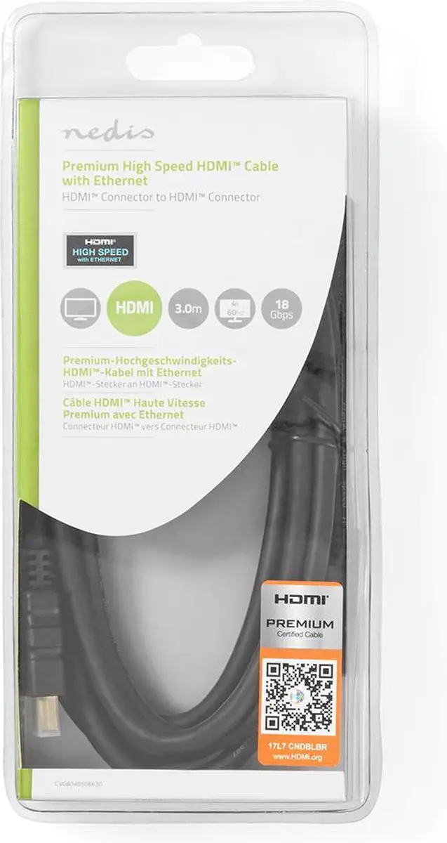Nedis HDMI Kabel CVGB34050BK30 4K@60Hz 18Gbps 3m - Zwart