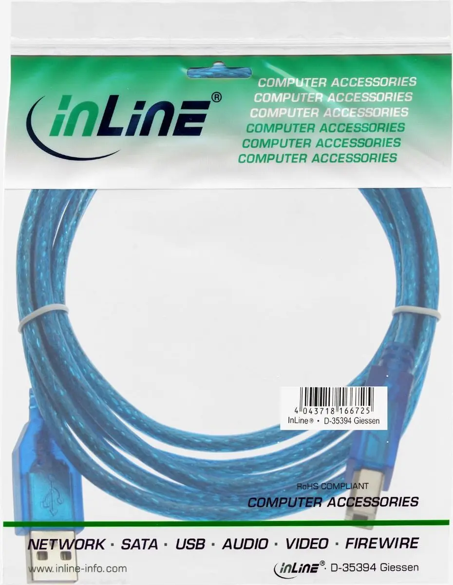 InLine USB naar USB-B Kabel 3m - Blauw
