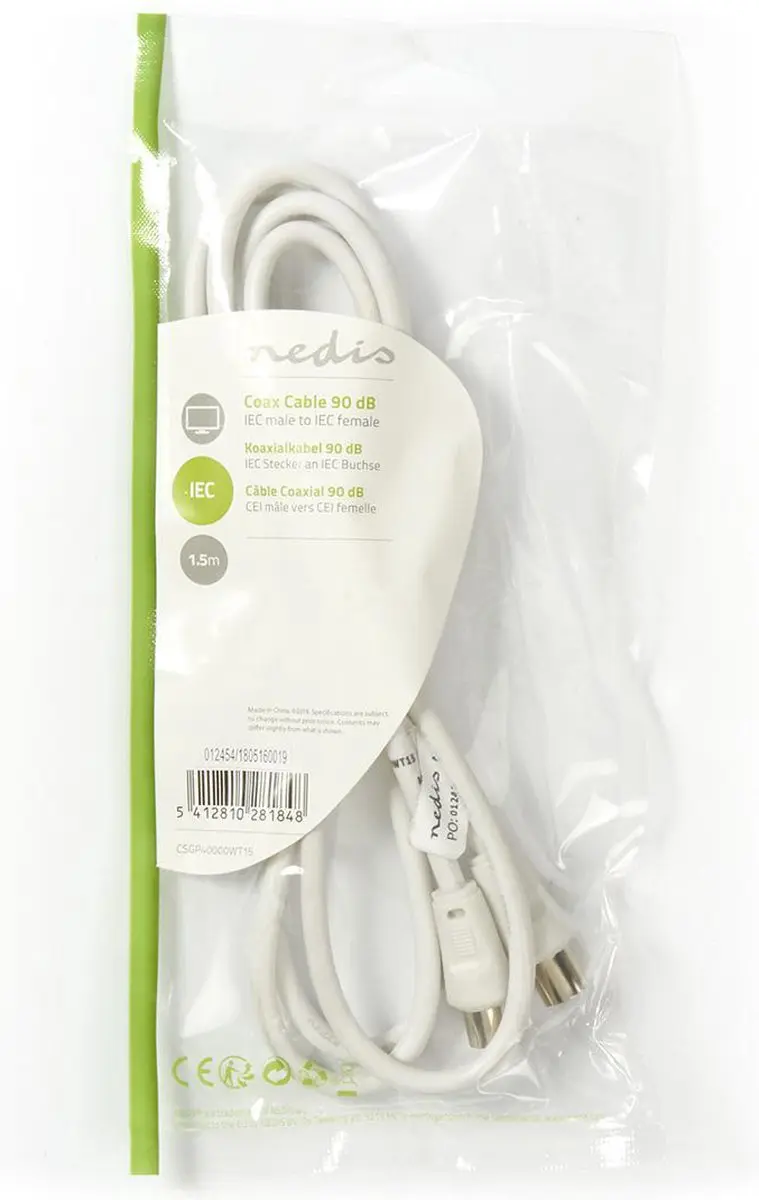 Nedis Coaxkabel IEC Male-Female 1.5m - 75 Ohm - Wit