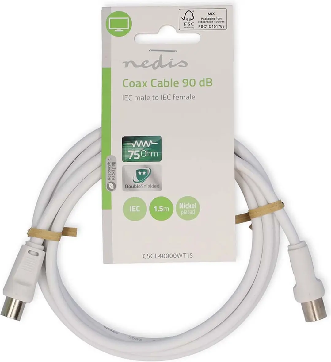 Nedis Coaxkabel IEC Male-Female 1.5m - 75 Ohm - Wit