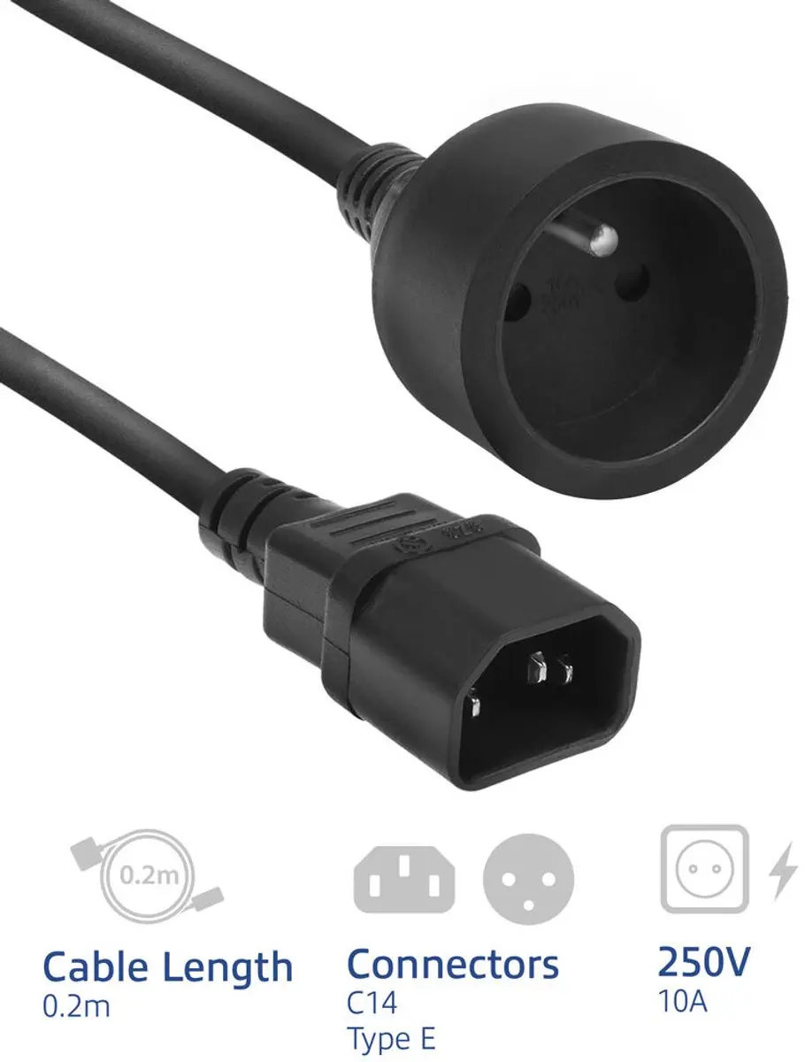ACT AK5385 Netsnoer C14 Type E - 0,2m - Zwart