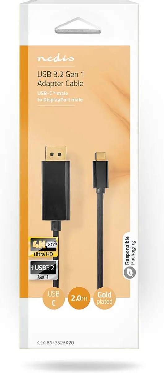 Nedis USB-C Adapter CCGB64352BK20 DisplayPort 4K@60Hz - 2m - Verguld - Zwart