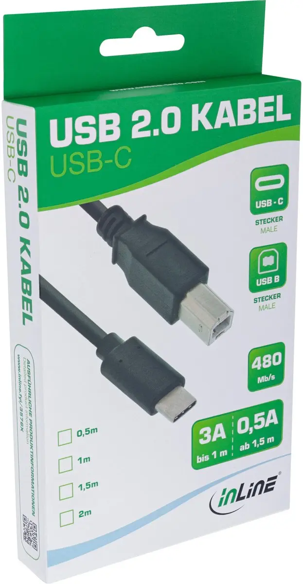 InLine USB-C naar USB-B Kabel 3m - USB 2.0 - 3A - Zwart