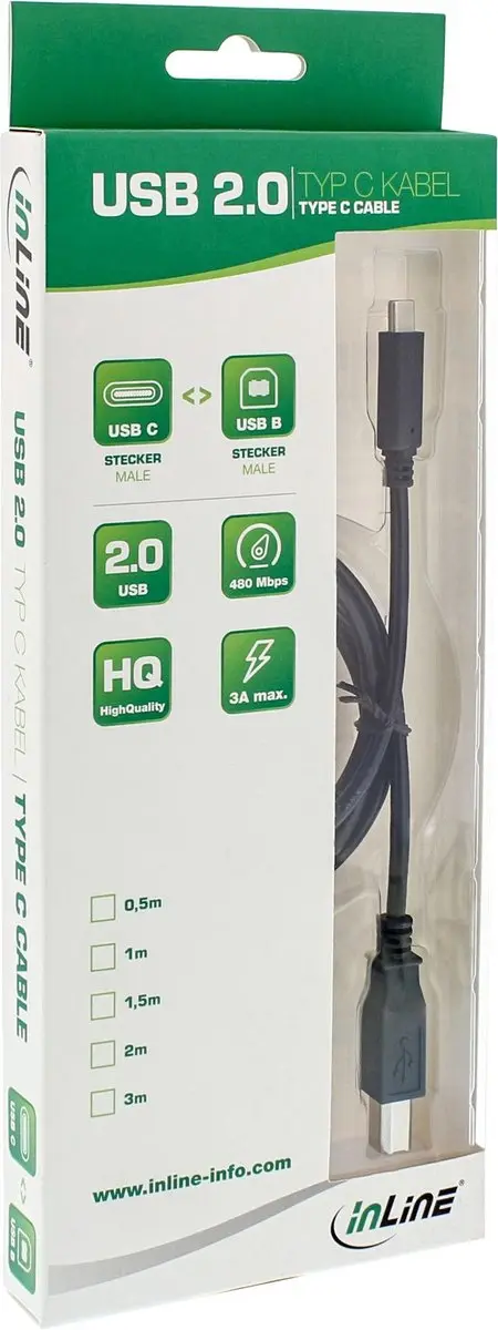 InLine USB-C naar USB-B Kabel 3m - USB 2.0 - 3A - Zwart