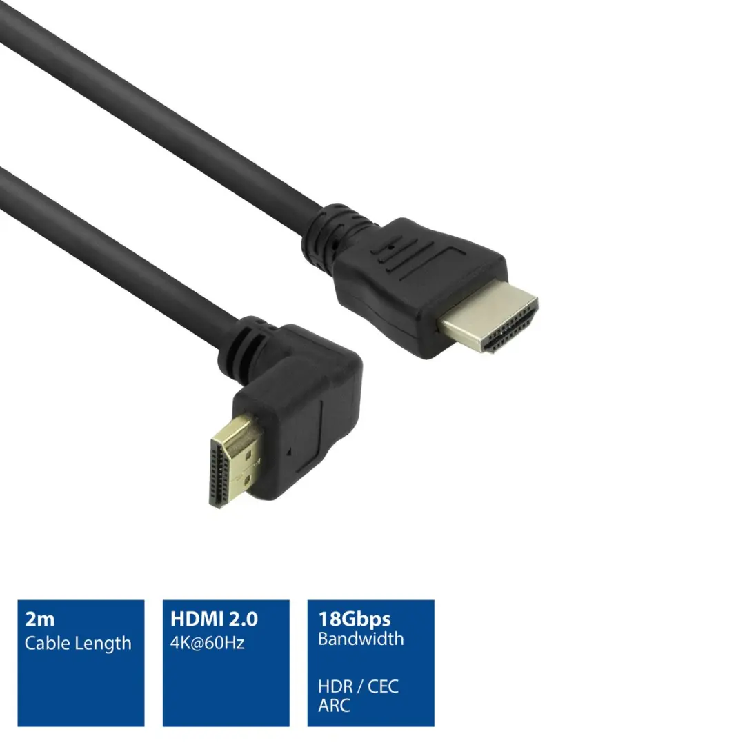 ACT HDMI High Speed Kabel v2.0 AK3678 - 2m - Haaks naar Recht - Zwart