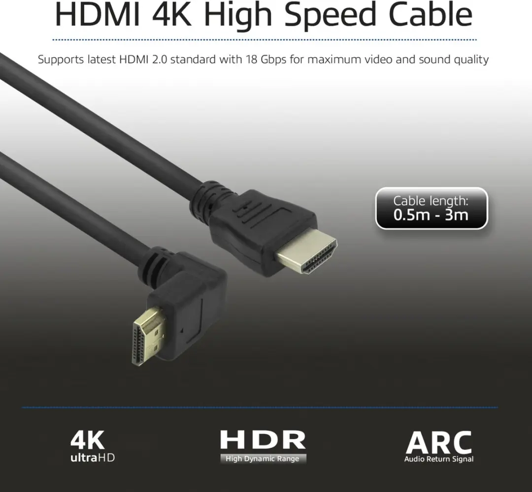 ACT HDMI High Speed Kabel v2.0 AK3678 - 2m - Haaks naar Recht - Zwart
