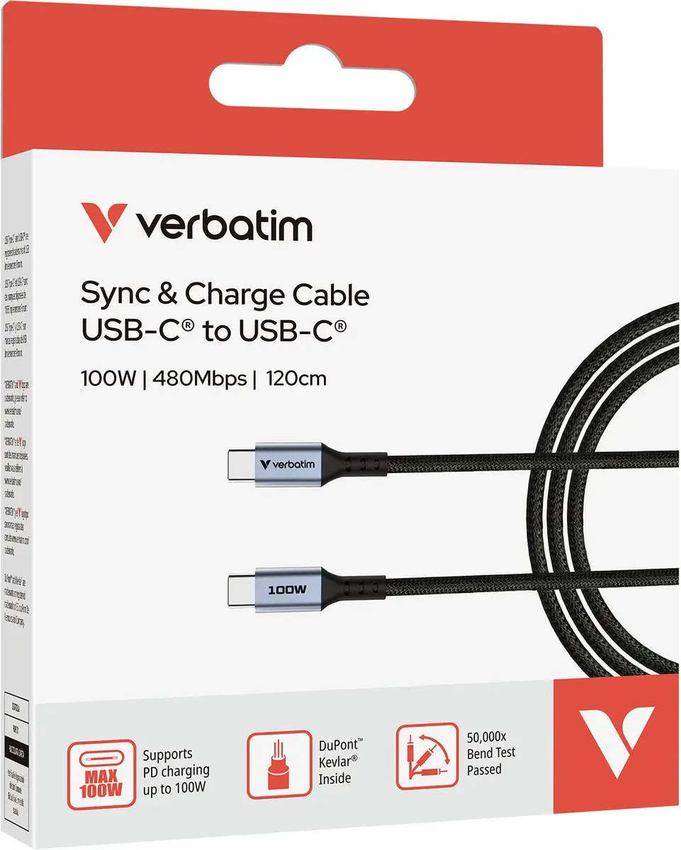 Verbatim USB-C Naar USB-C 100W PD3.0 Kabel 120cm - Transparant