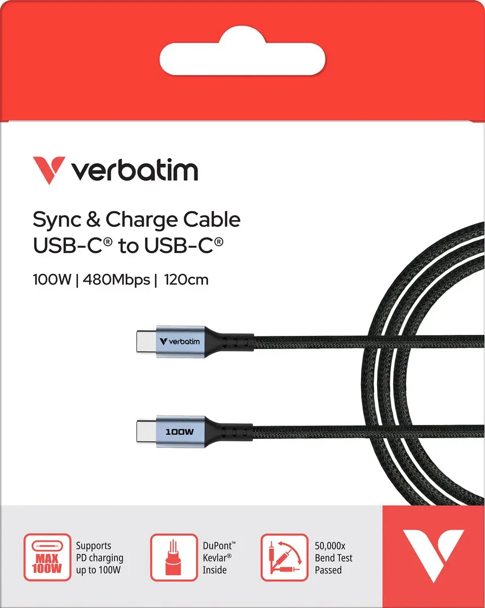 Verbatim USB-C Naar USB-C 100W PD3.0 Kabel 120cm - Transparant
