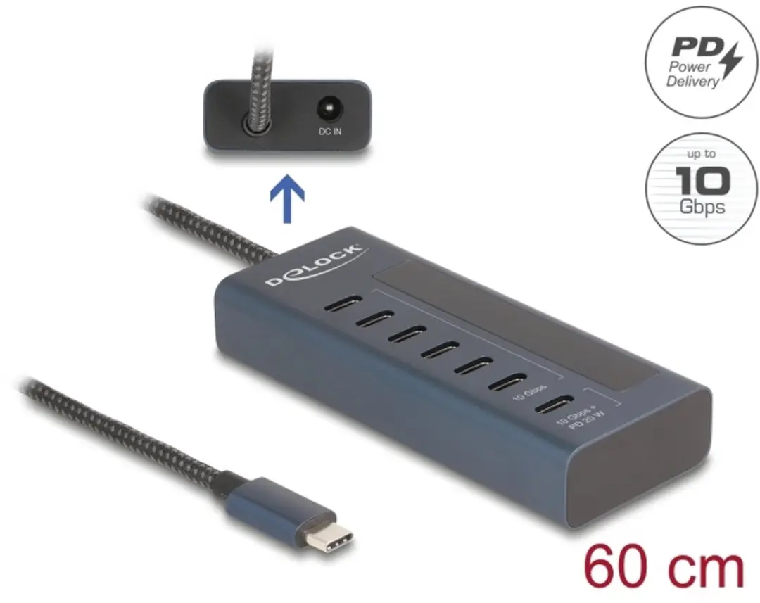 Delock USB 10Gbps Hub 7x USB-C - 6 Data + 1 Data & PD 20W - Blauw
