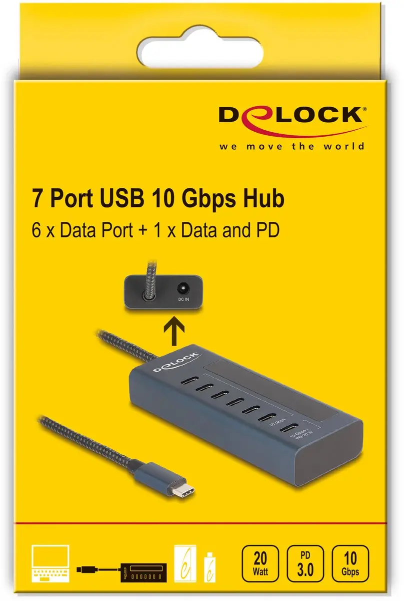 Delock USB 10Gbps Hub 7x USB-C - 6 Data + 1 Data & PD 20W - Blauw