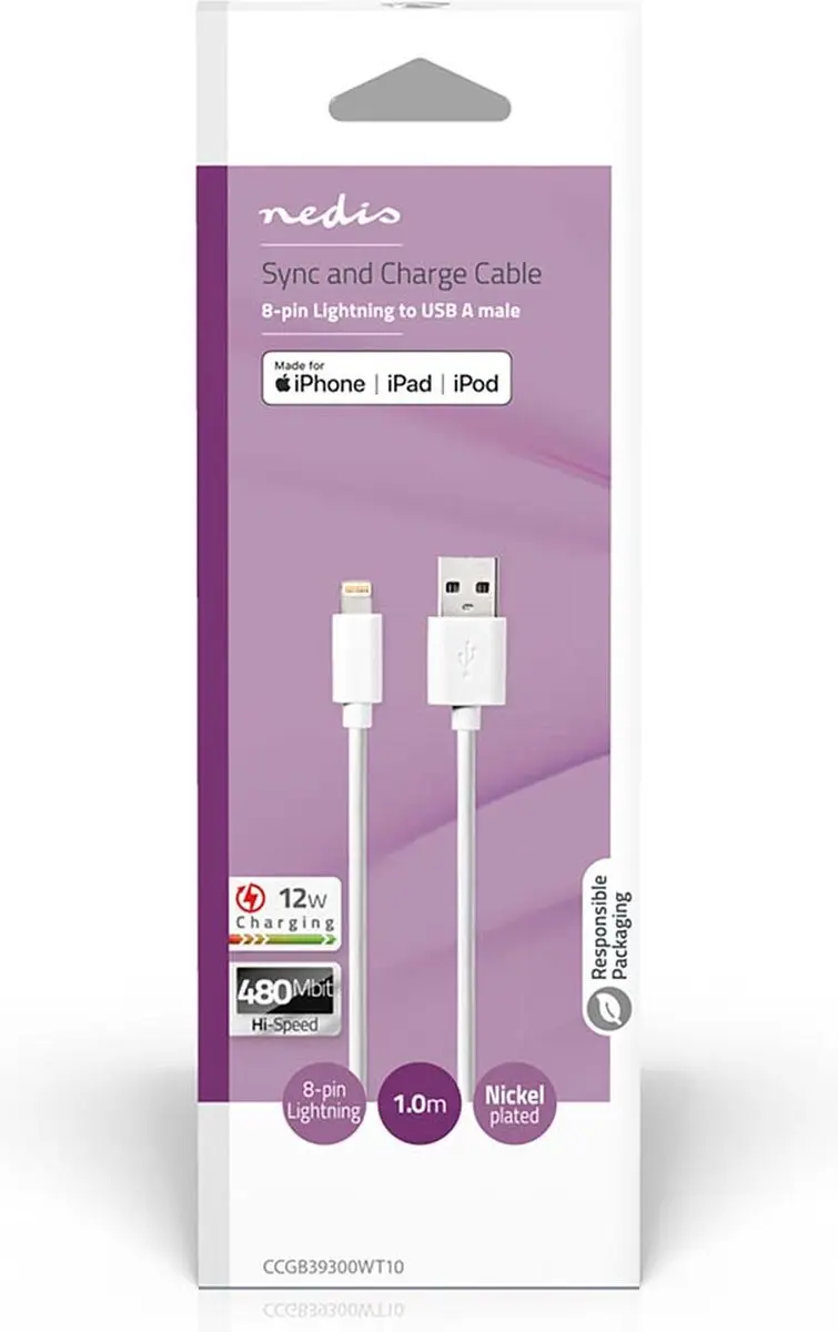 Nedis Lightning Kabel USB-A 1m - Wit