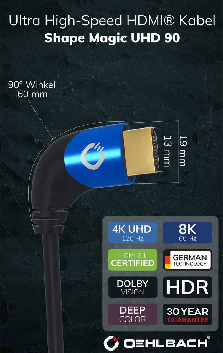 Oehlbach Ultra High-Speed HDMI Kabel 90° - 1.5M - Zwart