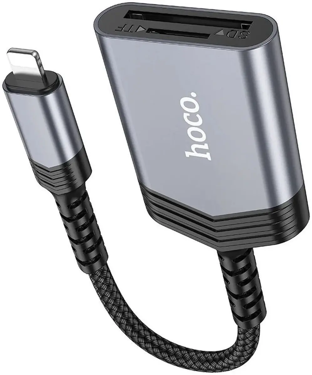 Hoco UA25 Lightning Card Reader met SD/TF Kaartlezer - Grijs