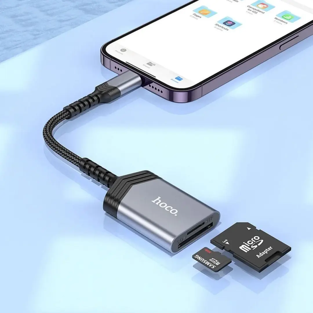 Hoco UA25 Lightning Card Reader met SD/TF Kaartlezer - Grijs
