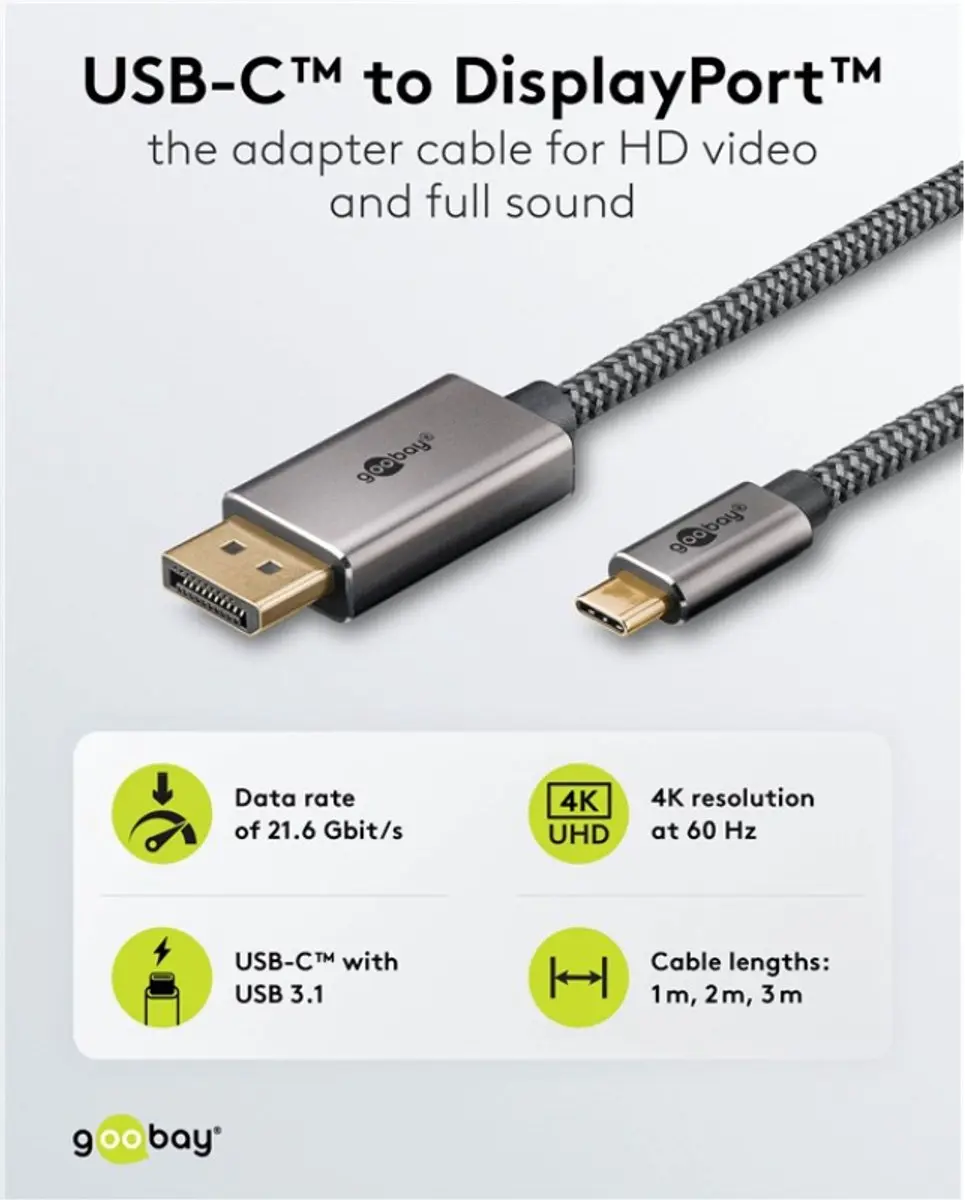 Goobay USB-C naar DisplayPort Pro Kabel 4K 60Hz 2m - Zwart/Zilver