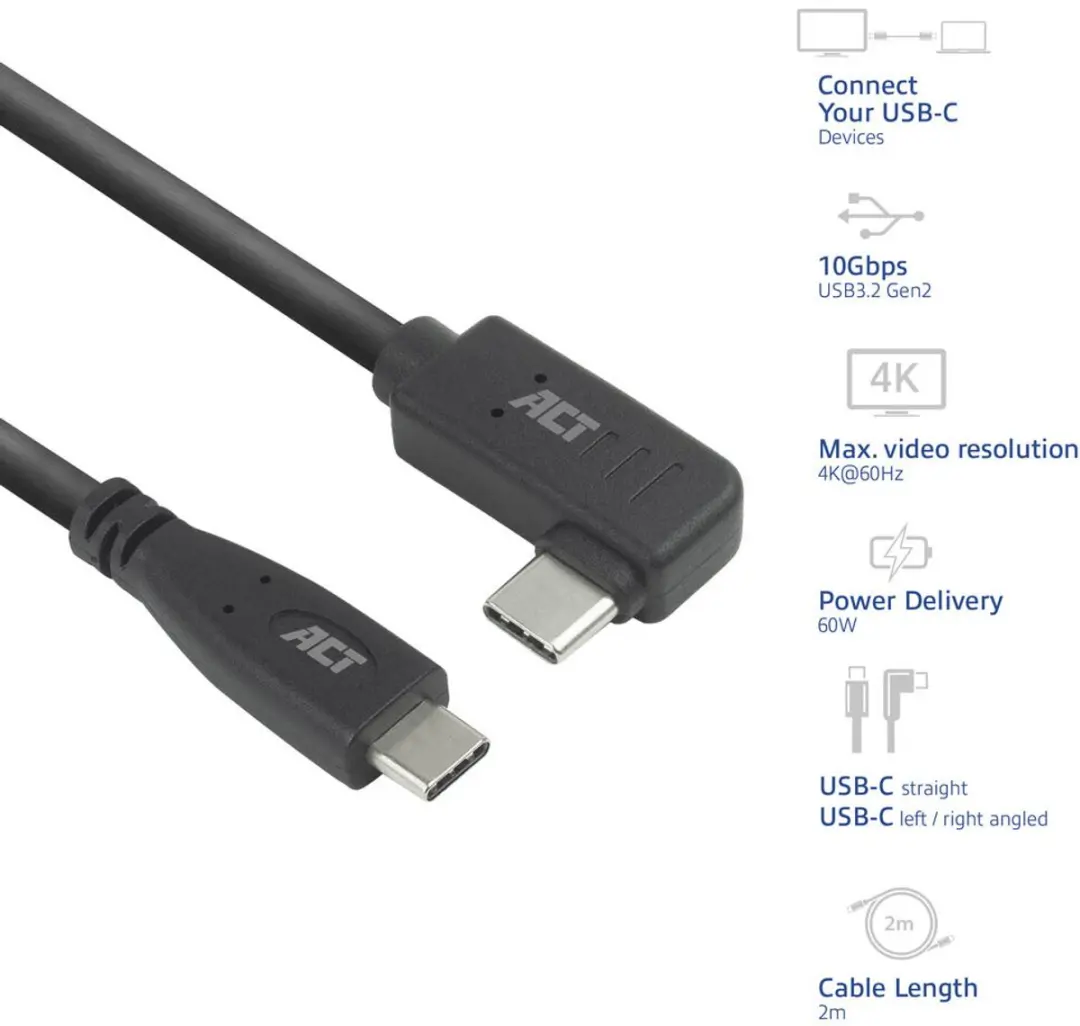 ACT AC7407 USB-C Kabel 90° - 2m - USB 3.2 Gen 1 - Zwart