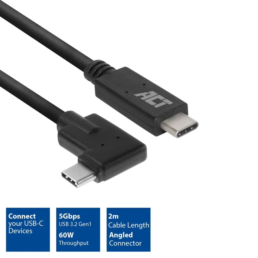 ACT AC7407 USB-C Kabel 90° - 2m - USB 3.2 Gen 1 - Zwart