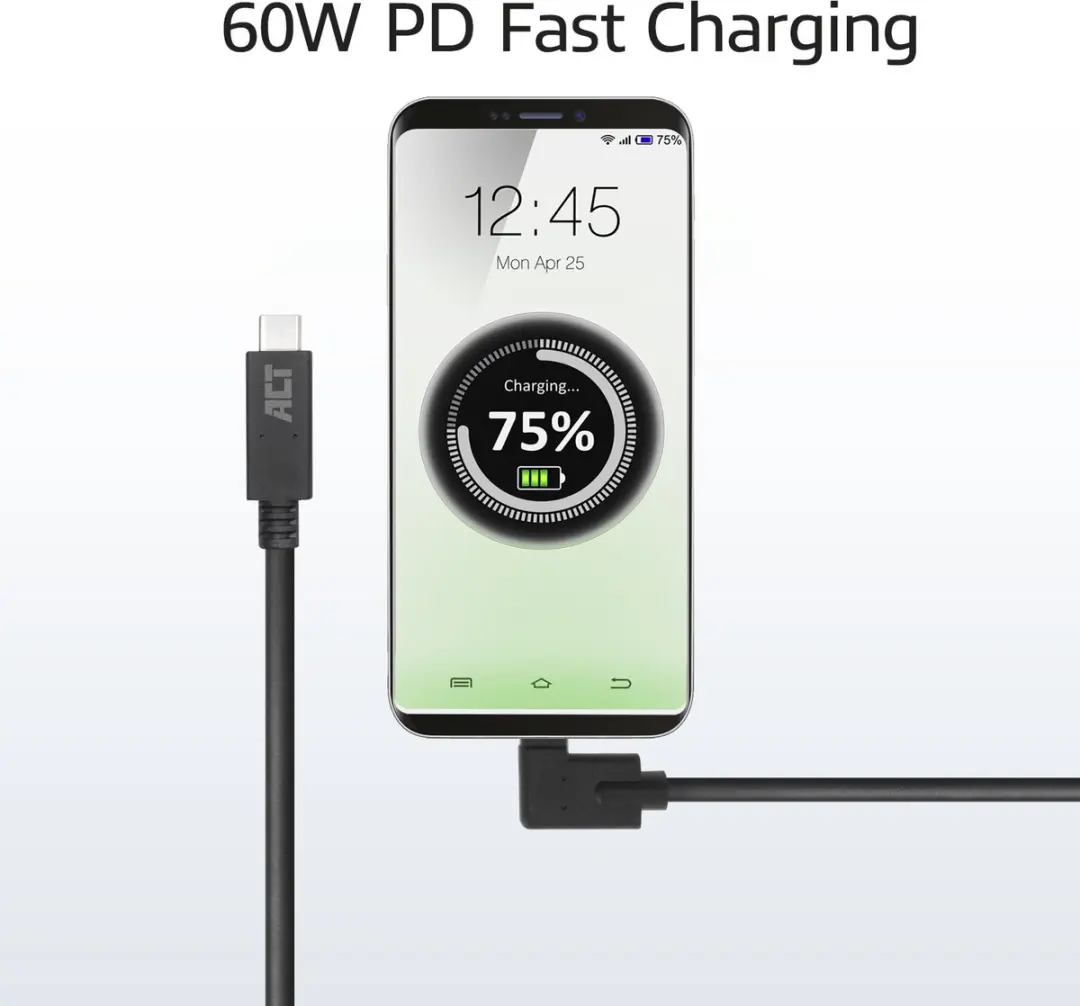 ACT AC7407 USB-C Kabel 90° - 2m - USB 3.2 Gen 1 - Zwart