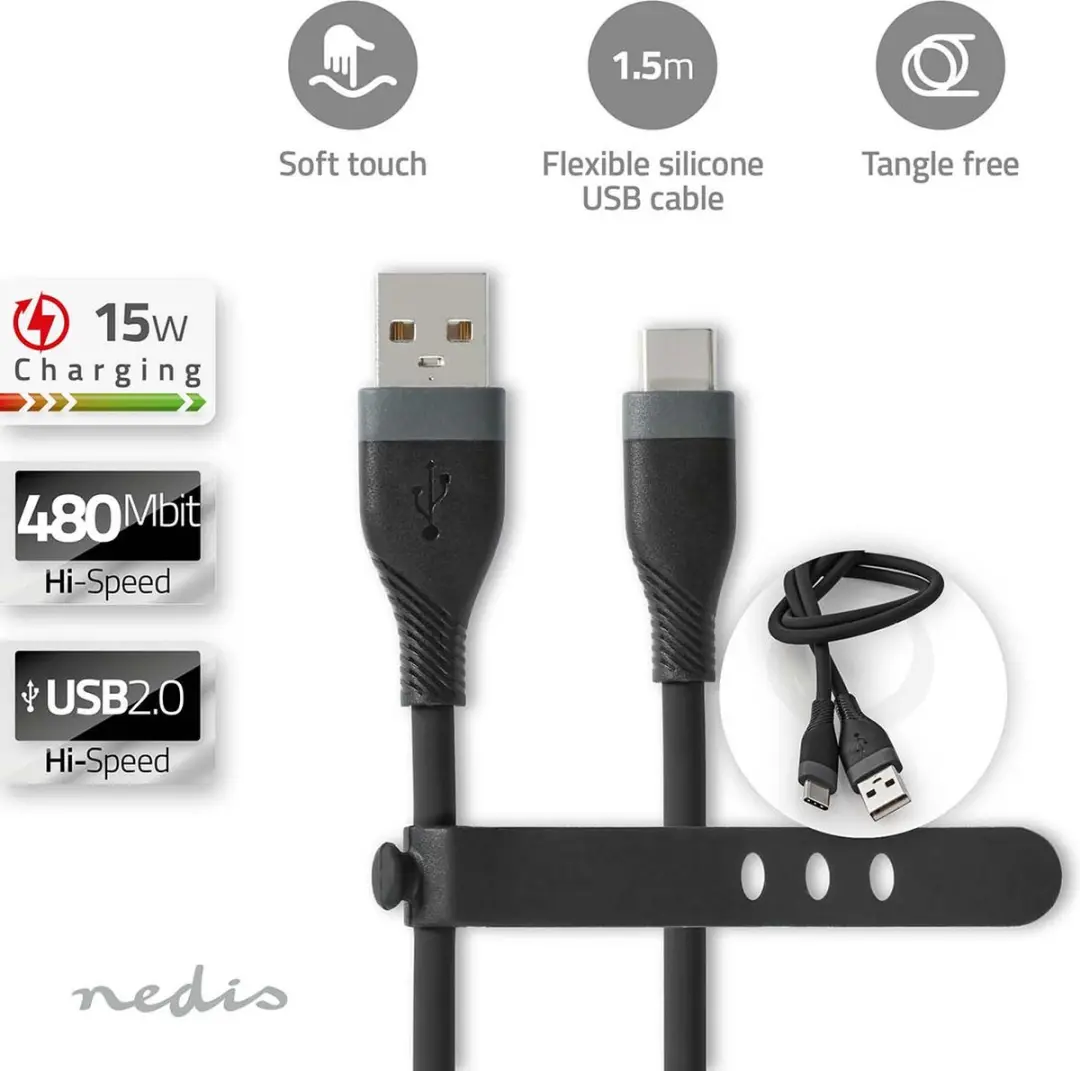 Nedis USB 2.0 USB-A naar USB-C Kabel 15W 480Mbps 1.5m - Zwart