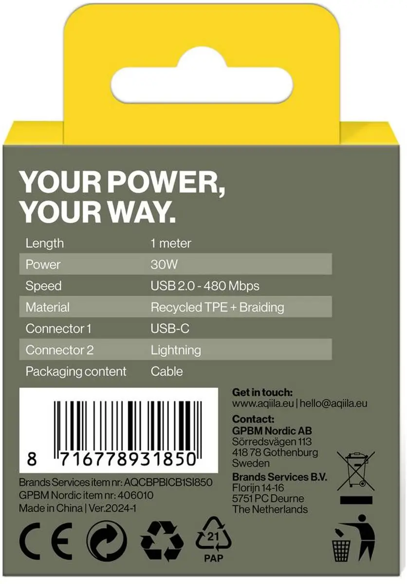 Aqiila iPhone Laadkabel USB-C naar Lightning 30W 1m - Zwart