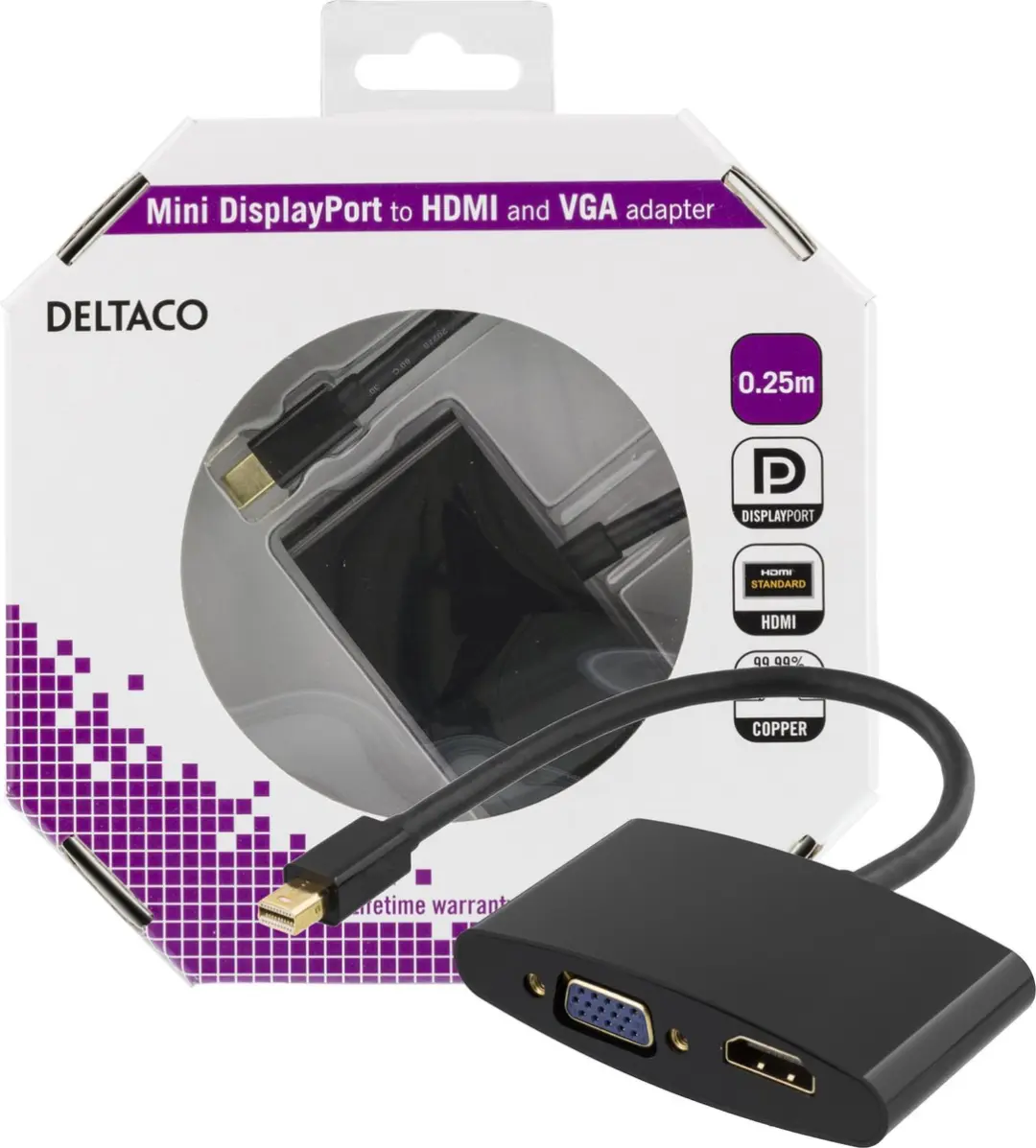 Deltaco DP-HDMIVGA-K Mini DisplayPort naar HDMI/VGA Adapter - Zwart