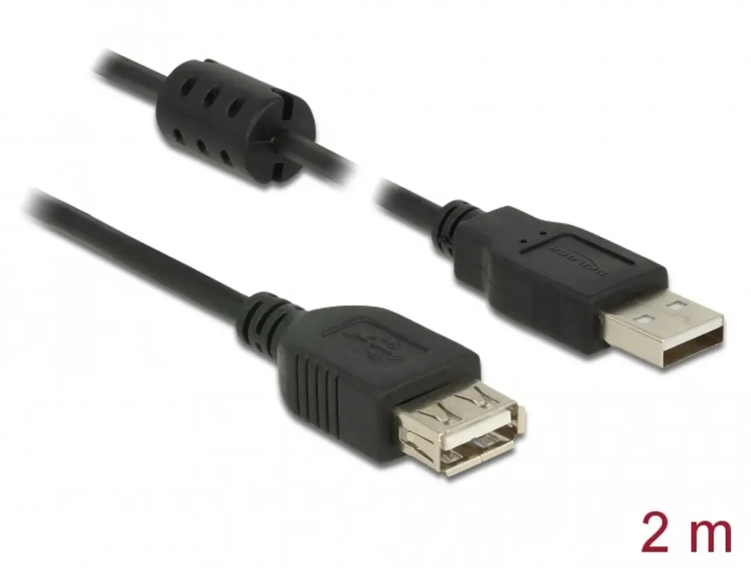 Delock USB-A Verlengkabel 2m - USB2.0 - 10W - Ferrietkern - Zwart