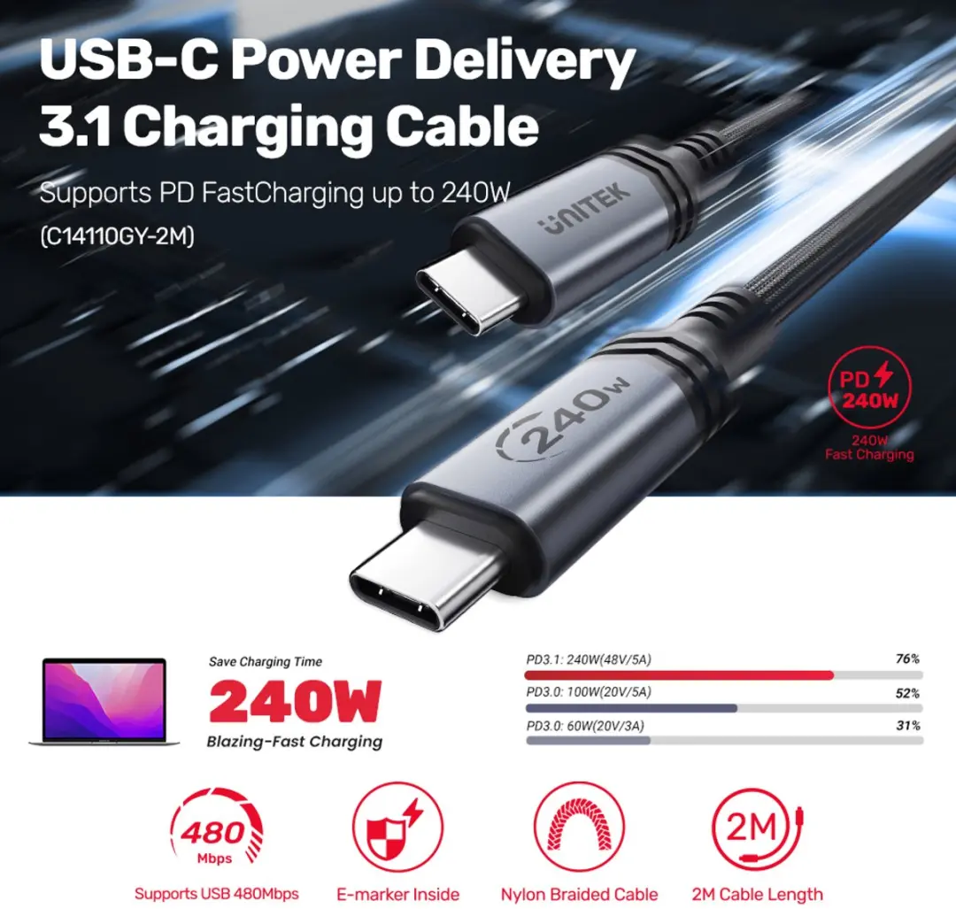 Unitek USB-C Kabeladapter 240W PD - Transparant