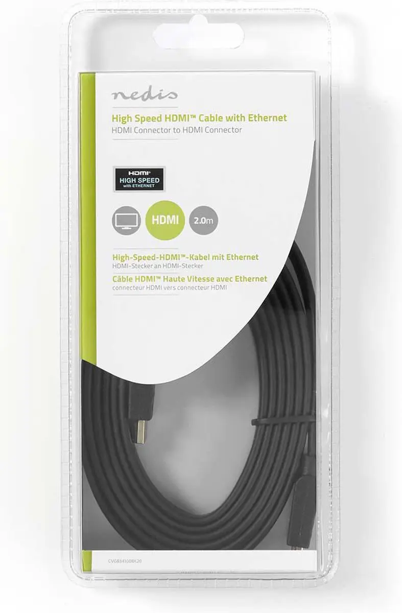 Nedis HDMI-Kabel CVGL34100BK20 4K 10.2Gbps 2m - Plat - Zwart