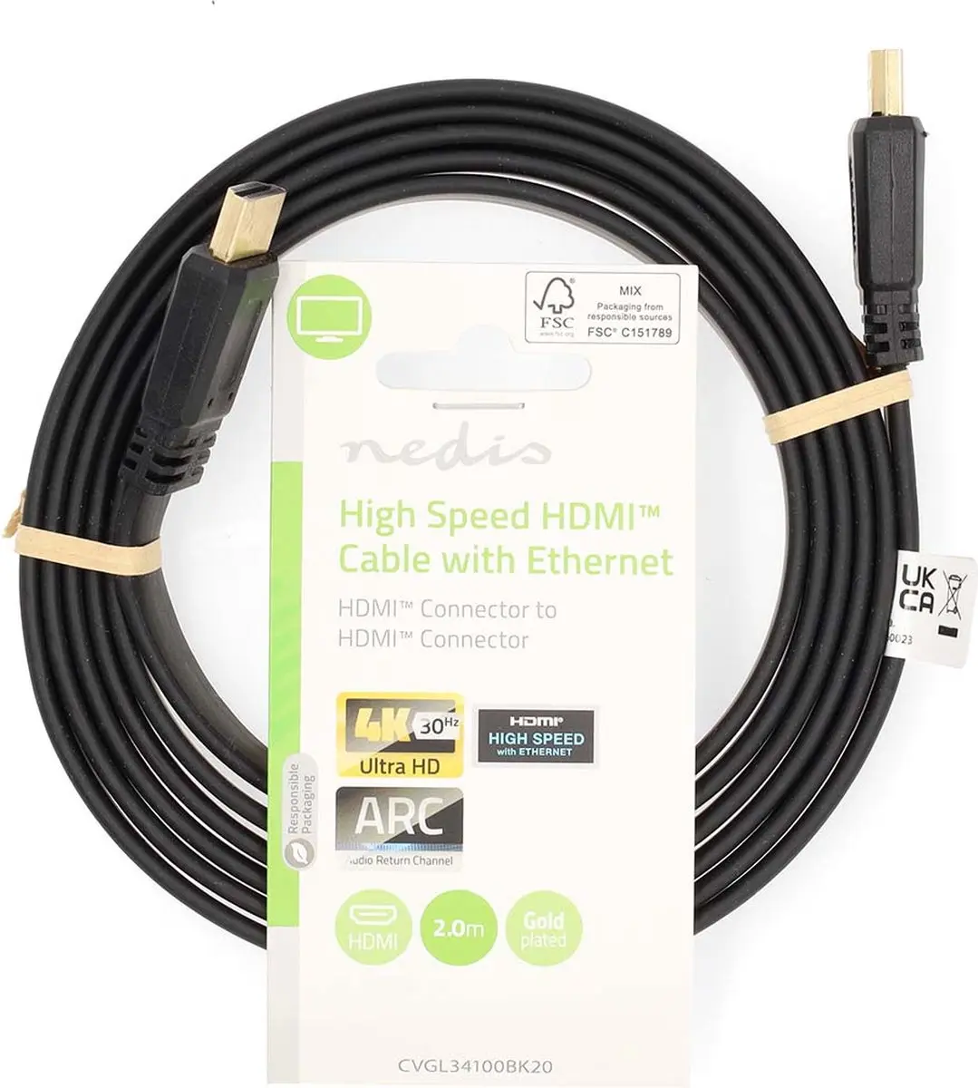 Nedis HDMI-Kabel CVGL34100BK20 4K 10.2Gbps 2m - Plat - Zwart