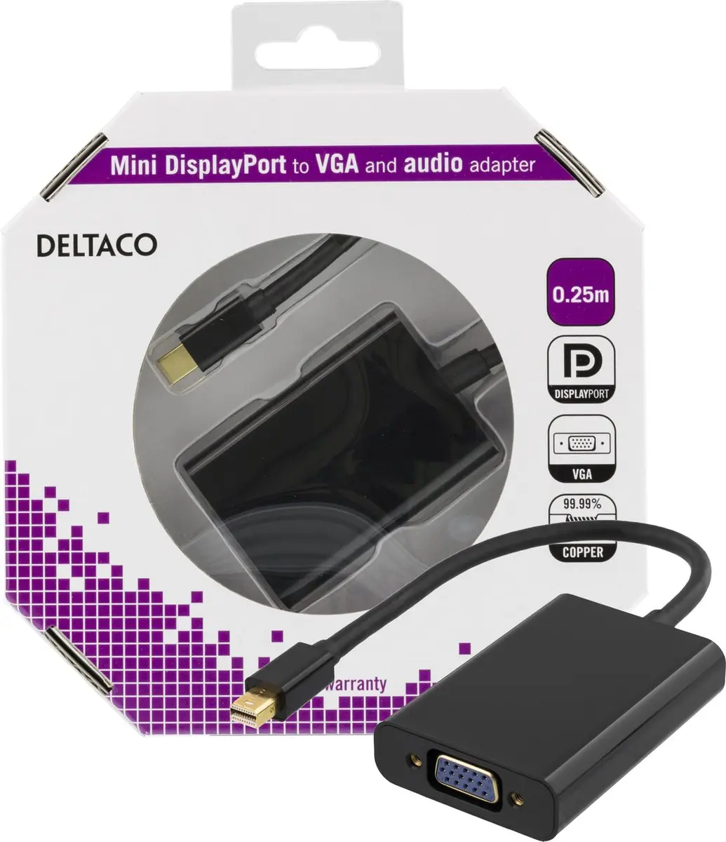 Deltaco DP-VGA13-K Mini DisplayPort-naar-VGA-adapter - Full HD 60Hz - Zwart