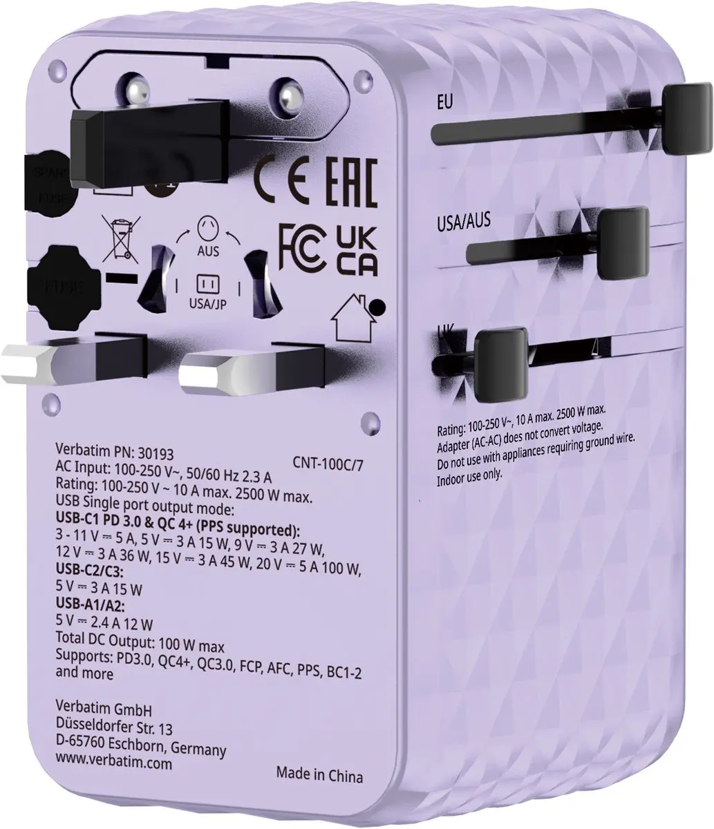 Verbatim Reisadapter EU VK VS - 100W - Paars