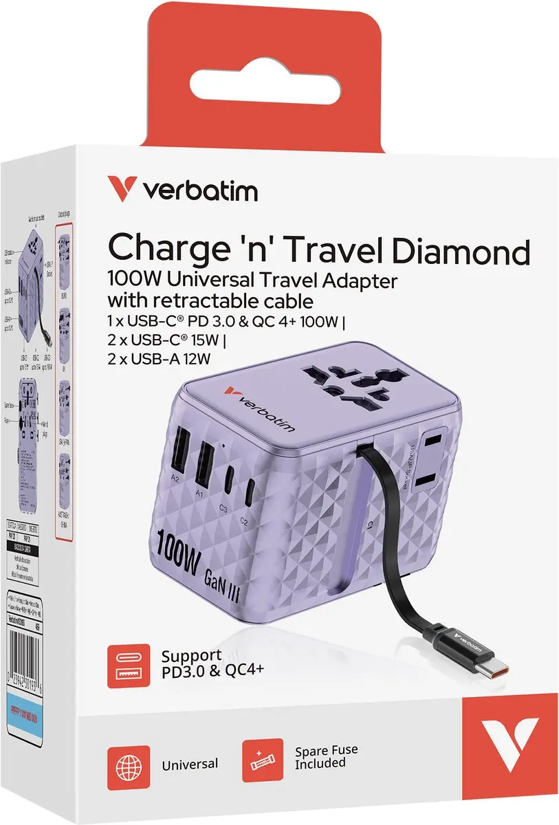 Verbatim Reisadapter EU VK VS - 100W - Paars