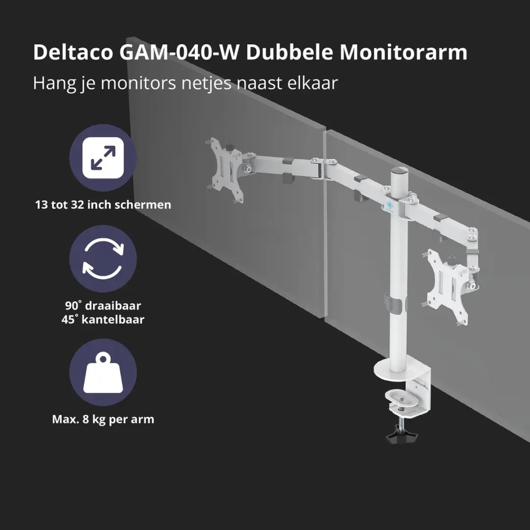 Deltaco GAM-040 Monitorarm - 2 Schermen 13-32" - Wit
