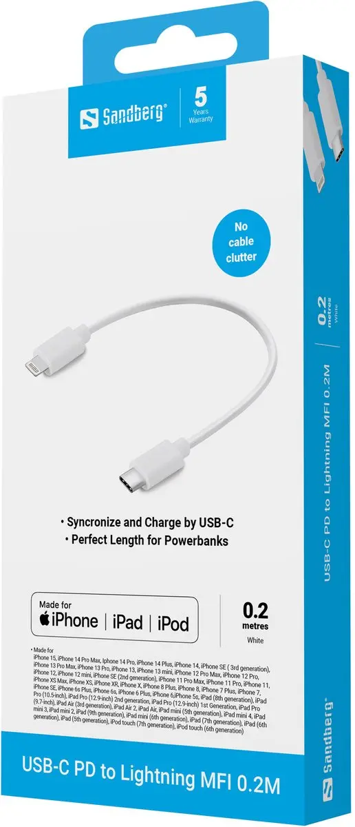 Sandberg USB-C PD to Lightning 0.2M - Wit