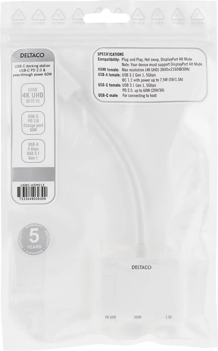 Deltaco USBC-HDMI13 USB-C Dockingstation - 4K 30Hz - 60W Wit