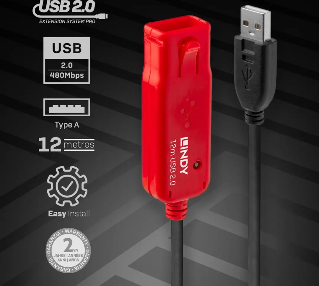 Lindy USB 2.0 Verlenging Pro 12m - Zwart