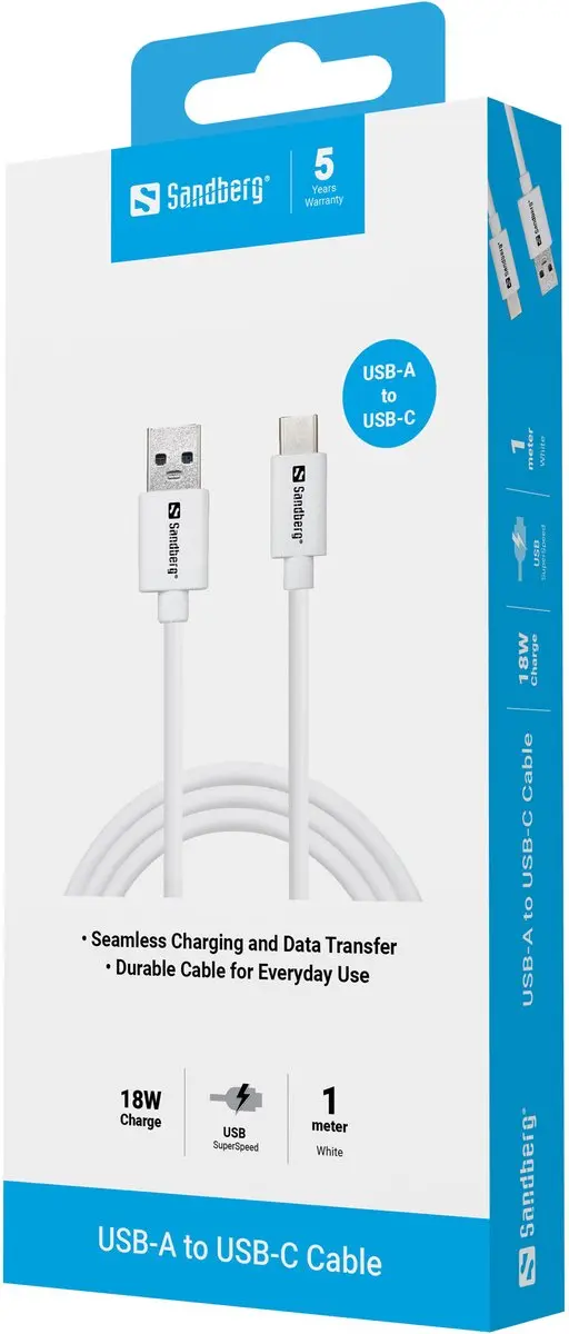 Sandberg USB-A 3.0 naar USB-C 3.1 Kabel 1m - Wit